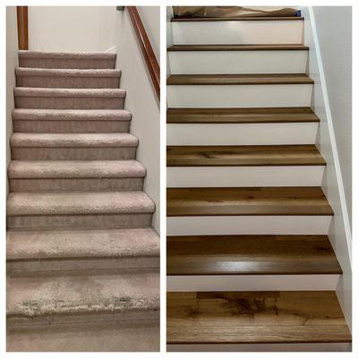 Before & After 
European White Oak Treads with Painted Wood Risers and Skirtboards