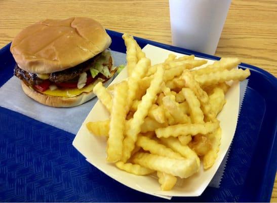 1/3 cheeseburger with a big pile of krinkle-cut fries