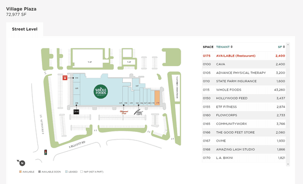 Village Plaza site plan as of August 31, 2023. Chapel Hill, North Carolina. Home to the town's only Whole Foods Market.