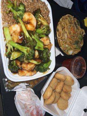 Shrimp & Broccoli with fried rice, Vegetable Lo Mein, Fried Scallops and a free egg roll