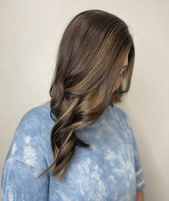 Balayage with root coverage and a dry haircut makes this transformation complete.