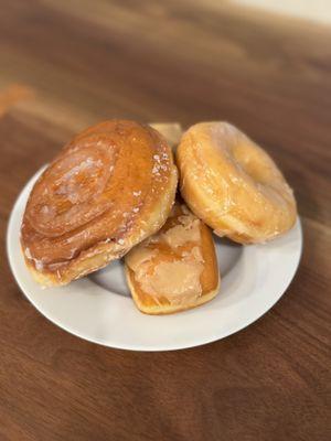 Cinnamon Roll, Glazed Donut, Maple Bar