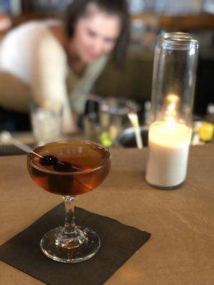 Rye manhattan with the good cherries not those bright red ones!