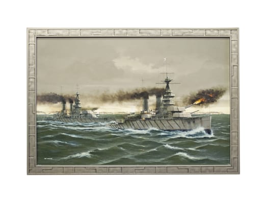 This beautiful oil painting of a Battleship is elegantly portrayed in a industrial-style frame.