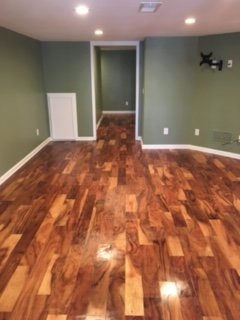 Engineered Hardwood Floor installation with Hand scraped Natural Acacia, completed as part of full Basement remodel.