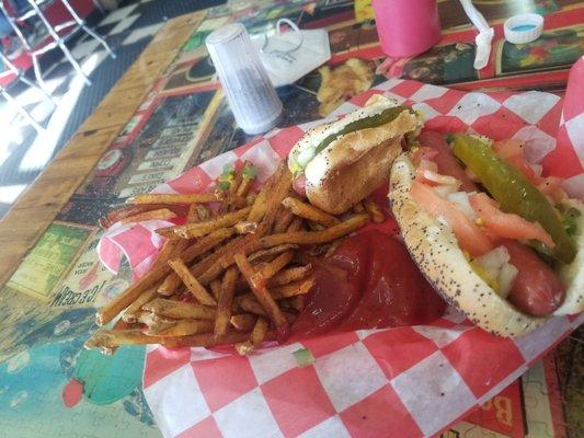 $8 for 2 Chicago dogs ,Fresh hand cut fries and a soda! Good Deal Gyros is Awesome! Had the Italain Beef also Awesome, Service with a smile!