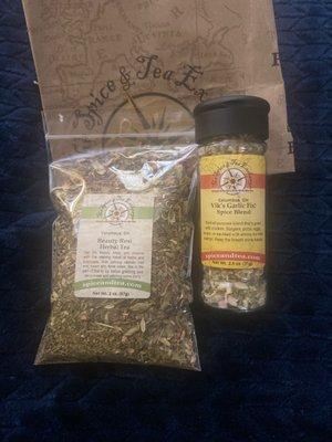 Beauty Rest Herbal Tea $21.00 (bag) and garlic spice w/ a variety of seasonings $16.00