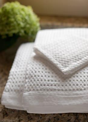 European-style waffle weave bath towels in two styles and 10 colors.