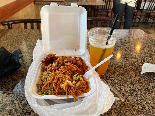 Spicy orange chicken, chow mien, rice and sunset passion