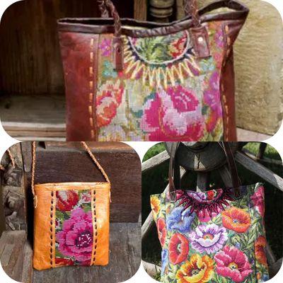 Handbags designed with leather and repurposed traditional Myan embroidered blouses!