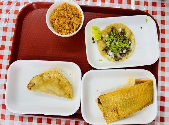 Tacos, tamale and rice