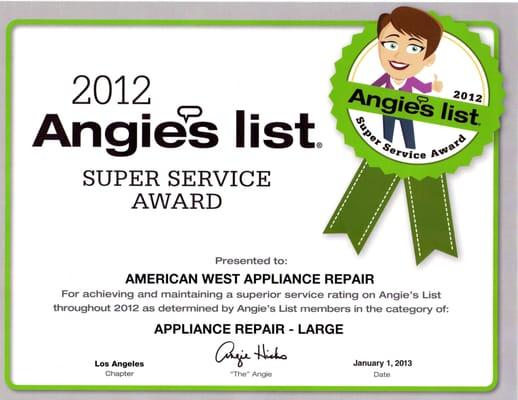 2012 Angie's List Super Service Award.