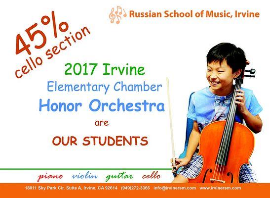 45% of cello section of 2017 Irvine Honor Elementary Chamber Orchestra are strudents  at Russian School of Music Irvine