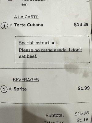 Special Instruction to exclude the carne asada.