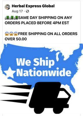 We do ship nationwide ! So stop in , call or visit us on facebook at herbal express