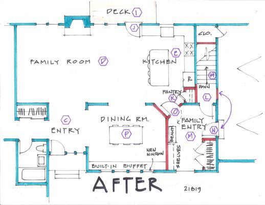 A Family Entry was added for traffic coming from the garage into the kitchen.  Lots of room for coats, shoes and backpacks. Even a bench!