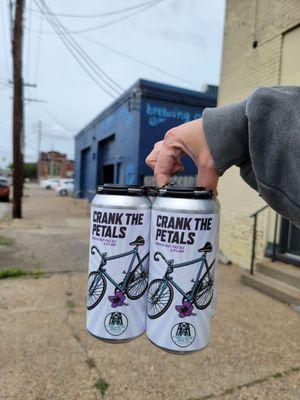 Crank the Petals Hibiscus Hazy Pale Ale Canned 4 Pack. Shipping Port in the background