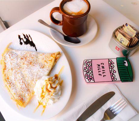 White chocolate crepe and latte.