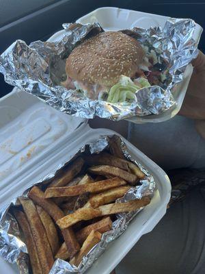 Custom burger and Cajun fries