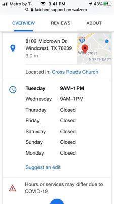 Modified hours for COVID19