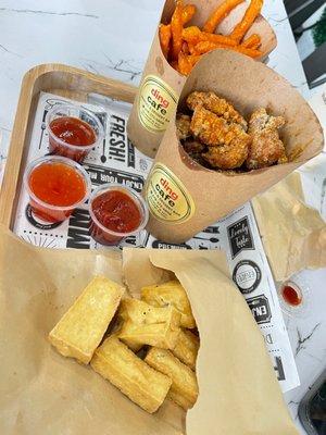 Chicken nuggets, fried tofu and sweet potato fries