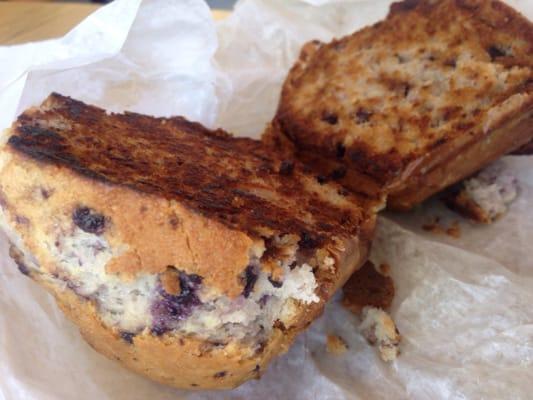 Perfectly toasted and buttered blueberry muffin