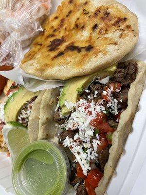 Beef taco, chicken taco and pupusa