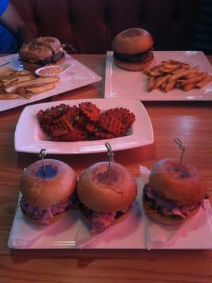 Orange BBQ pulled pork mini sliders classic burgers & sweet potato fries... AMAZING!