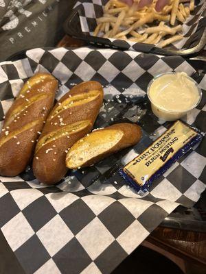 Belgian Pretzel with Dijon mustard packet and cheese dipping sauce