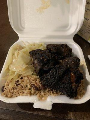 Jerk chicken, beans and rice, cabbage