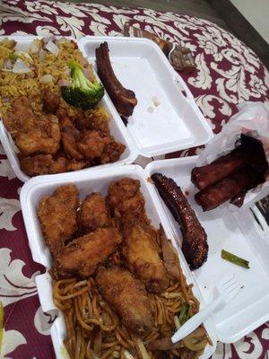 Orange chicken & fried rice, wings with lo mein & spare ribs.