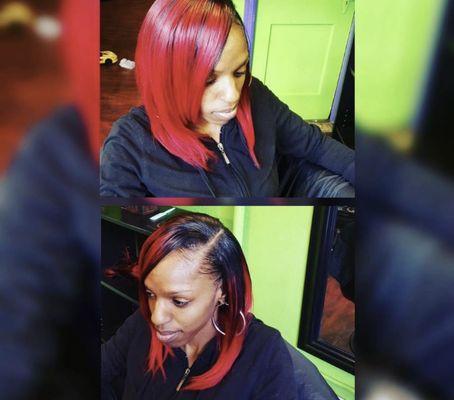 Black high lights with red, sewin weave with natural part