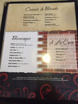 Back page of the menu.