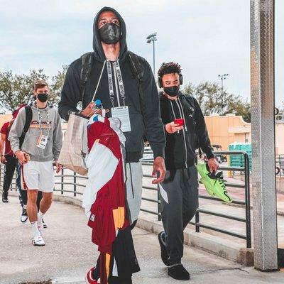 Arriving for a G League game, 2021 style.