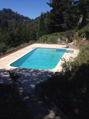 Los Gatos-Santa Cruz Mountains, Ca 1350 sq. ft. Turkish Beige Travertine deck, Polymeric Alliance Sand, Shamu Shelf/ Shallowed Pool.