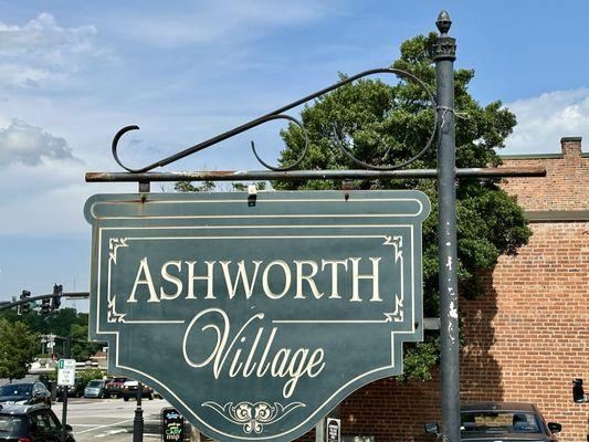 Sign for Ashworth Village shopping area in downtown Cary, NC.