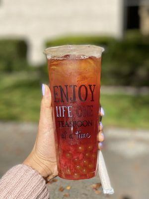 Strawberry sangria w/ passion fruit popping boba