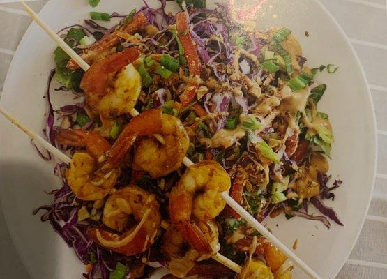 Shrimp skewers and crunchy rainbow slaw