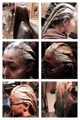 Collage of my endless bleach processing... The green hair...