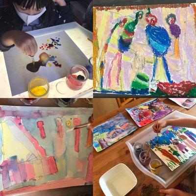 Pastel and watercolor work in the Atelier.