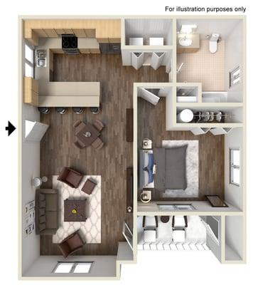 741sqft 1 bedroom 1 bath.  The bedroom does actually have carpet.