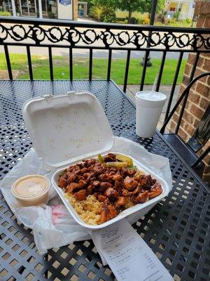 Teriyaki Chicken with vegetables, rice and White sauce