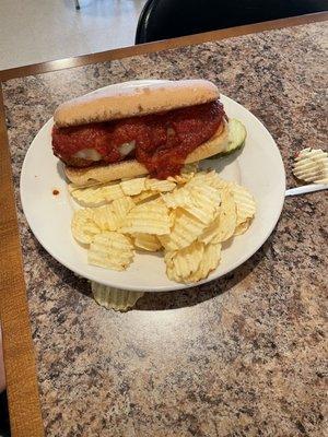 Friday lunch special meatbal sub with chips