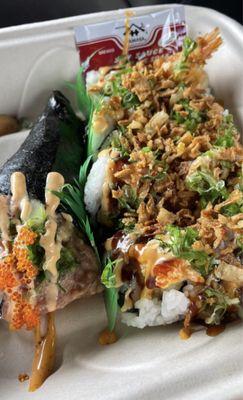 Crunch roll and spicy ahi hand roll