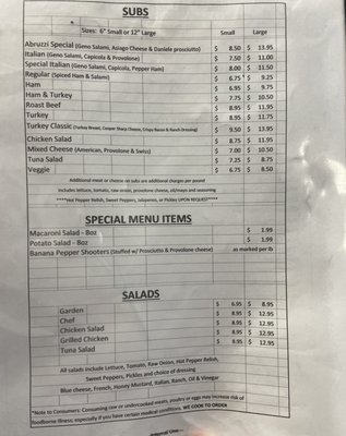 Menu as of Jan 2023