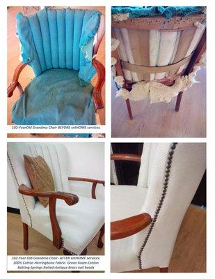 102 year old chair before and after upholstered in 100% cotton fabric.