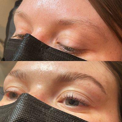 Eyebrow lamination and eyelash lift with tint