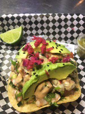 Shrimp ceviche Tostada.