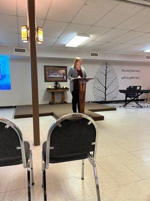 Reverend Emily Bowen-Marler leading worship.