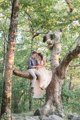 Eloping couple sitting on tree branch in, sharing first kiss :' )